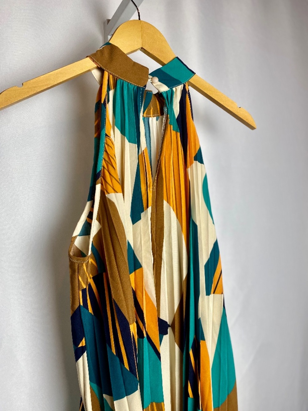 Indie Artsy Multicolor Teal Orange Geometric Pleated Flowy Halter Dress X-Large - Picture 5 of 10